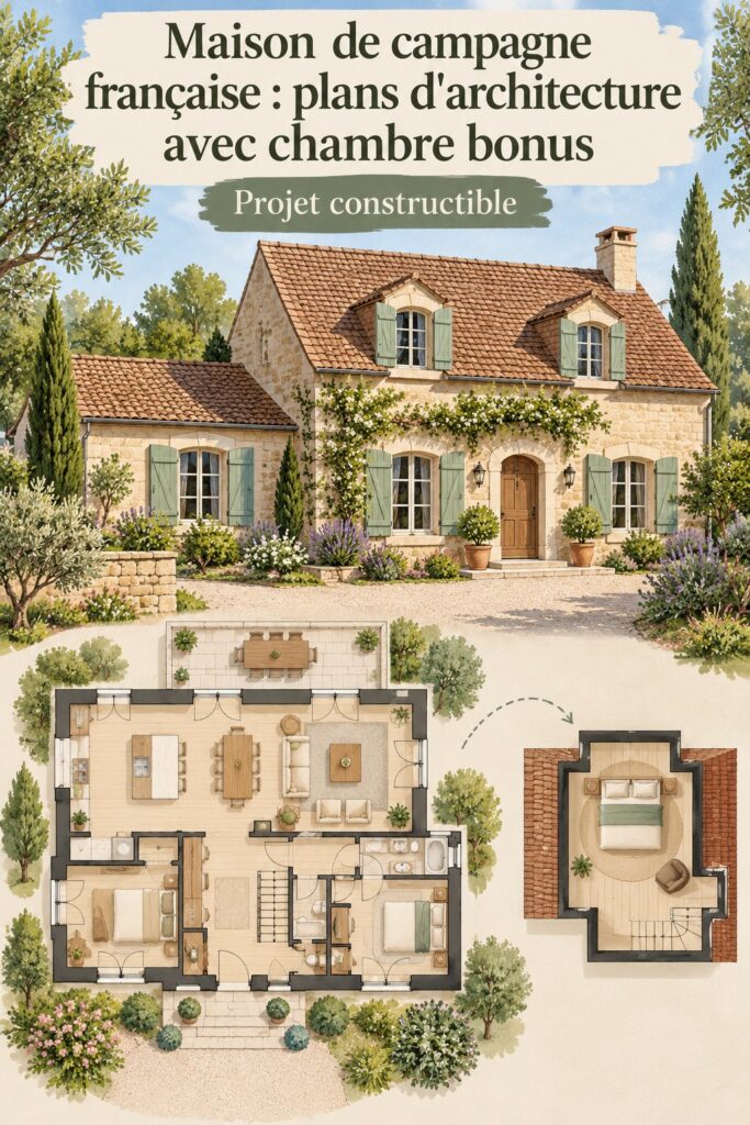 Vue d'un plan de maison de campagne française avec une chambre bonus
