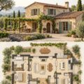 Plan de maison rustique européenne avec éléments traditionnels