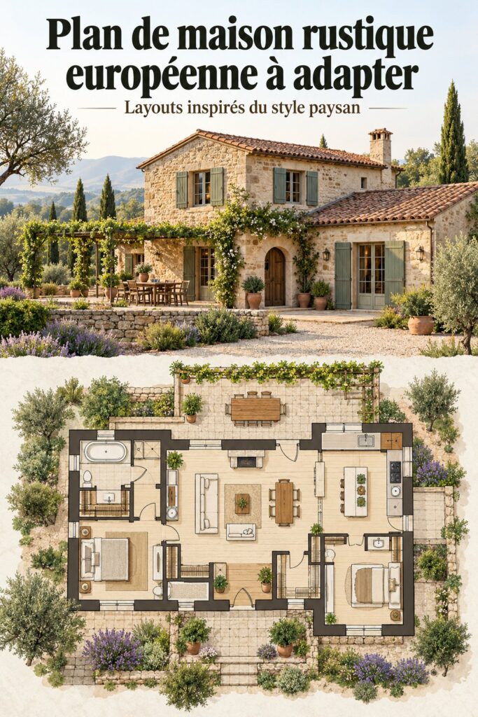 Plan de maison rustique européenne avec éléments traditionnels