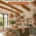 Cuisine moderne avec poutres apparentes en bois, créant une ambiance chaleureuse et accueillante.