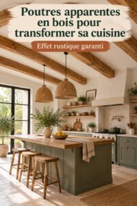 Cuisine moderne avec poutres apparentes en bois, créant une ambiance chaleureuse et accueillante.