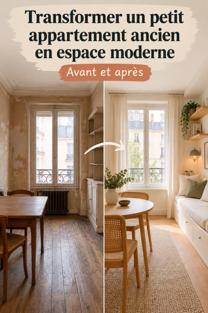 Un avant-après d'un appartement trois-pièces modernisé avec un design fonctionnel.