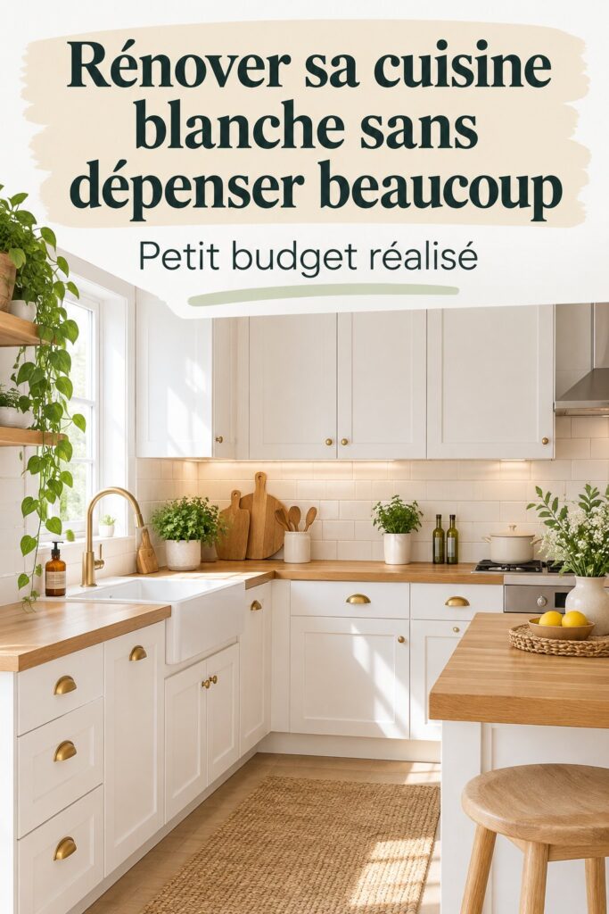 Une cuisine blanche moderne récemment rénovée à petit budget, avec des meubles et accessoires élégants.