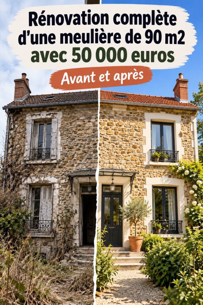Transformation d'une meulière avant et après rénovation, montrant un intérieur modernisé