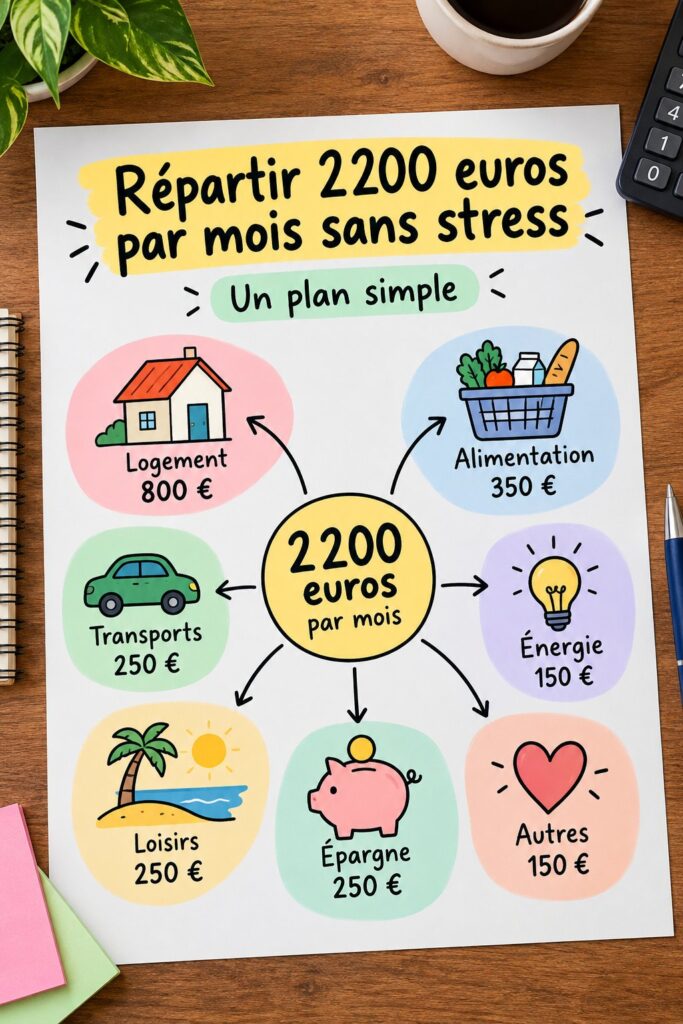 Visuel illustrant le budget de 2200 euros par mois en France, avec des graphiques de répartition des dépenses.