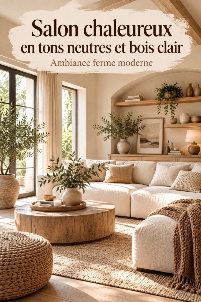 Salon moderne lumineux avec des tons neutres et du bois clair, créant une ambiance chaleureuse.