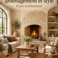 Un salon français avec une cheminée voûtée en pierre, décoré de textiles doux et meubles en bois.