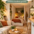Un studio chaleureux et moderne avec des couleurs douces et des éclairages doux.