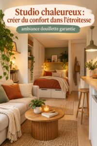 Un studio chaleureux et moderne avec des couleurs douces et des éclairages doux.