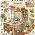 Intérieur d'un salon de cottage français avec des meubles en bois et des couleurs douces
