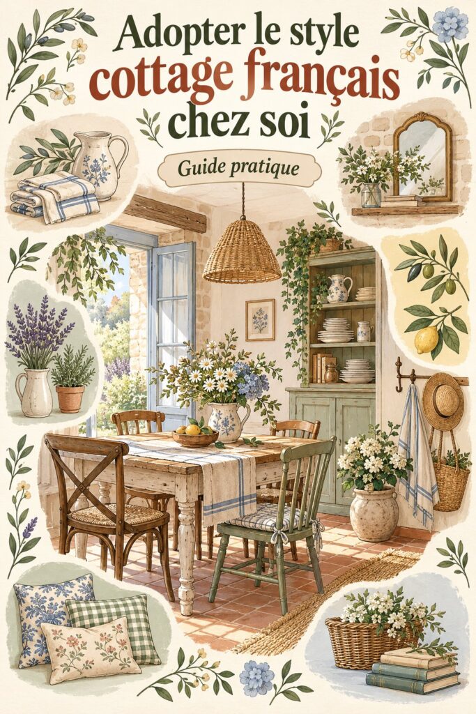 Intérieur d'un salon de cottage français avec des meubles en bois et des couleurs douces